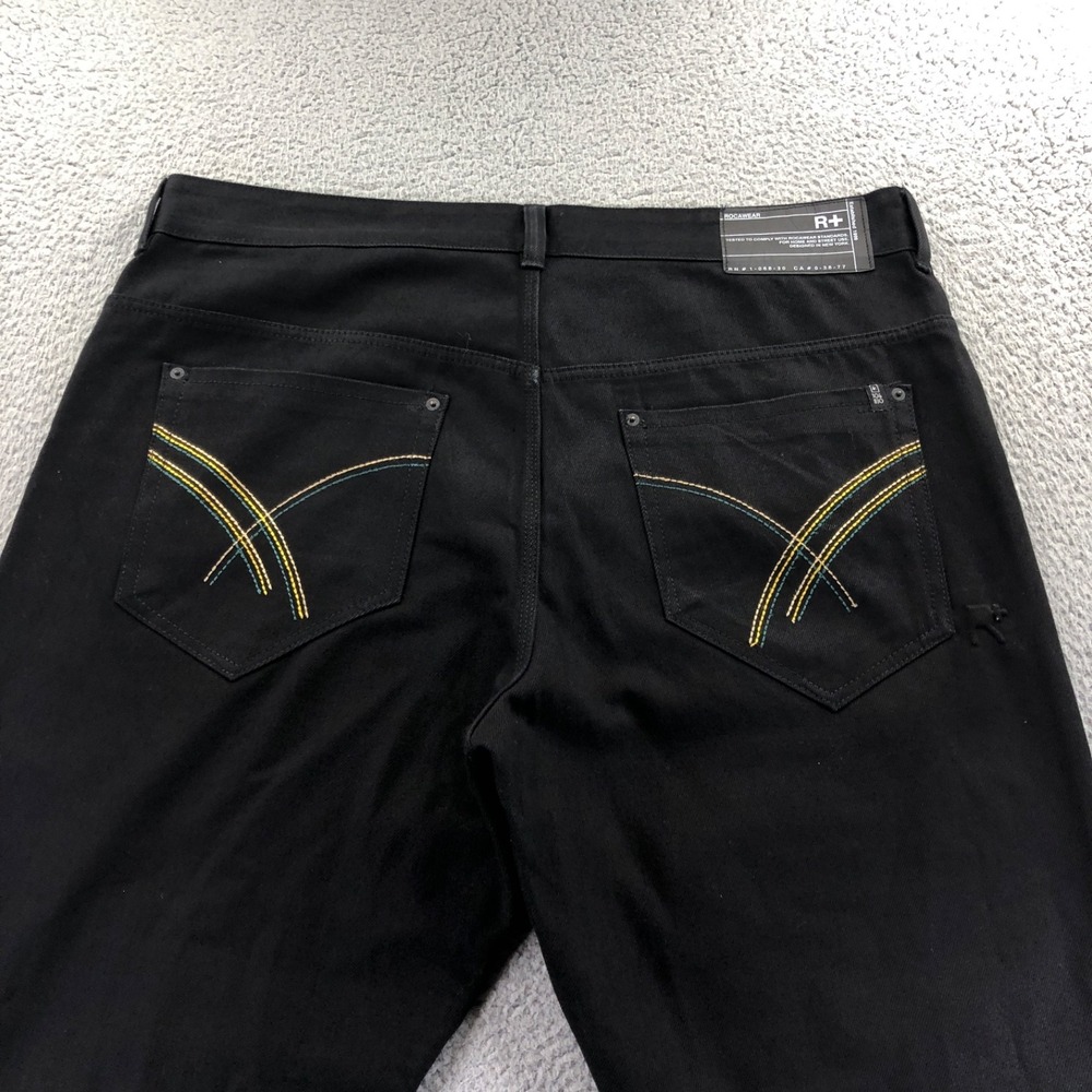 Vintage Rocawear Jeans Mens 42x31 Black Embroidered Y2k Dark Wash Regular Fit